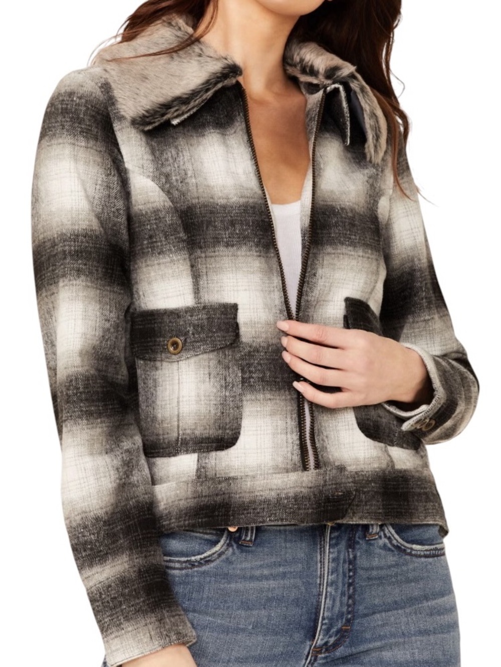 Stetson Ombré Plaid Jacket Black Cream Coat Faux Fur Collar Womens Large